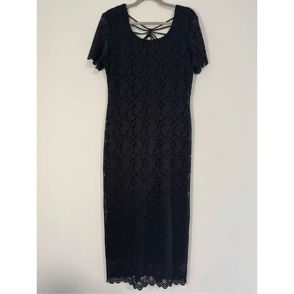 Vintage Black Lace Webbed Open Back Elegant Midi Semi Formal Dress 14